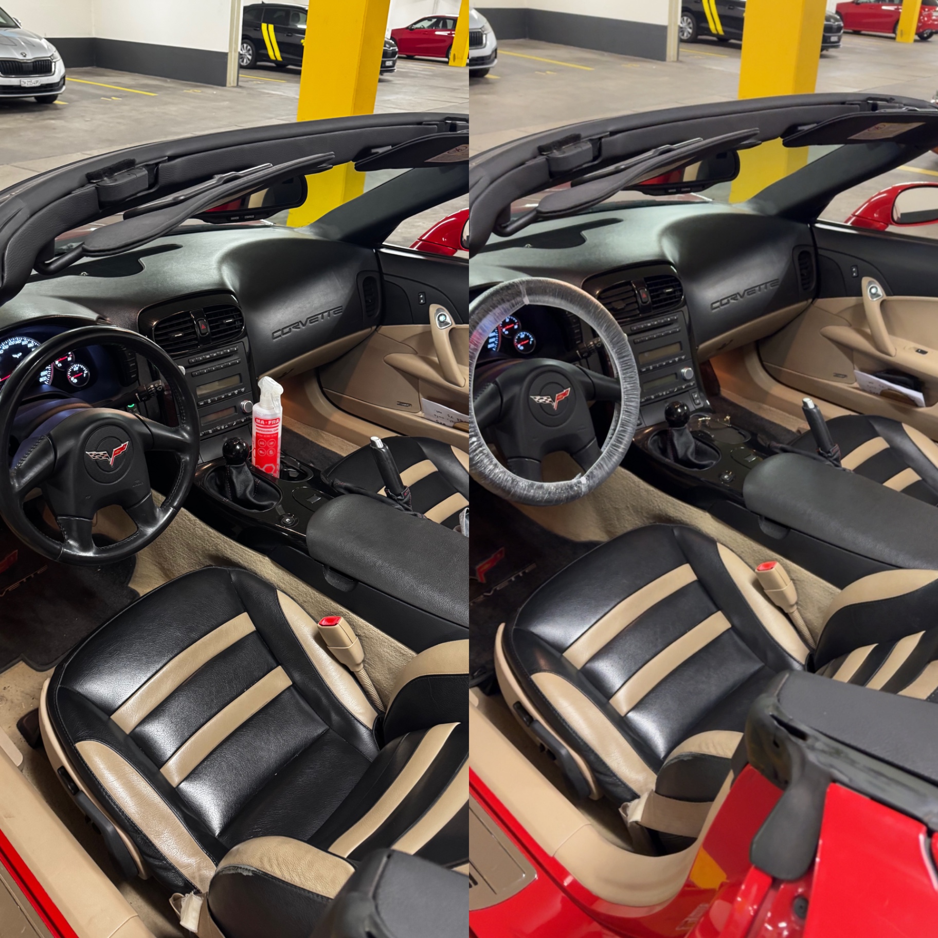 Vorher / Nachher: Cockpit einer Corvette Cabrio nach der Innenraumaufbereitung